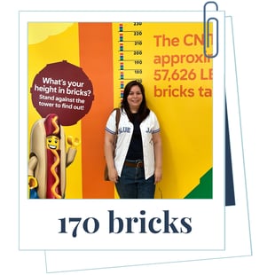 A photo of Coach Karen standing in front of a bright yellow Lego height chart at a Lego discovery center. She is pointing to the 170-brick mark to show her height. Beside her, a large Lego hot dog character stands against the chart. The text on the wall reads, "The CN Tower is approximately 57,626 LEGO® bricks tall".