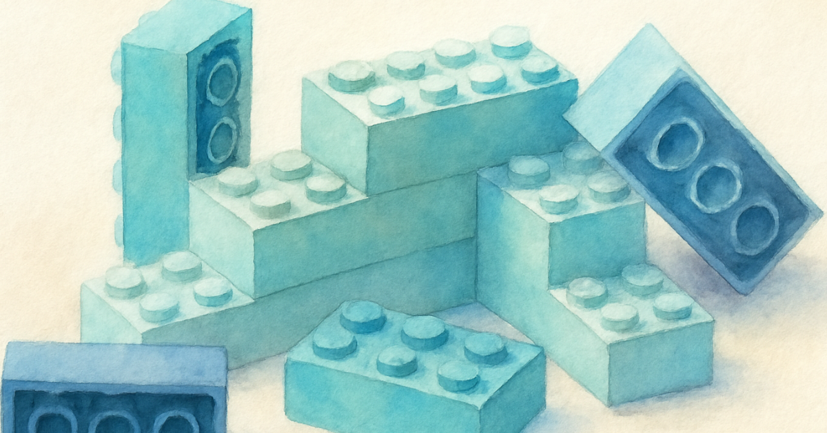 A soft teal and blue watercolor illustration of interlocking toy building bricks stacked together, symbolizing the foundation of professional connections and leadership.
