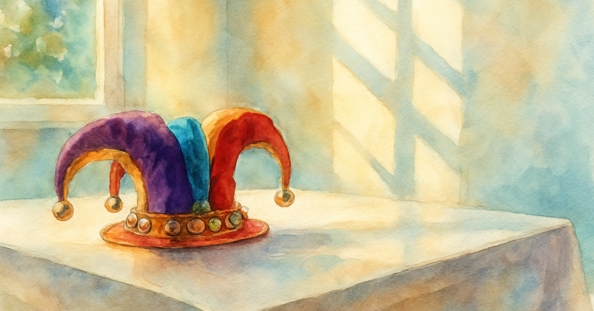 A jester hat on a desk in a room filled with light. A way to highlight April Fool day.