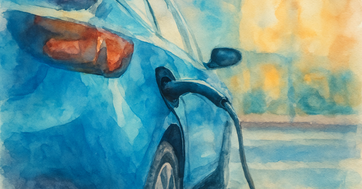 An electrical vehicle being charged in a city backdrop.