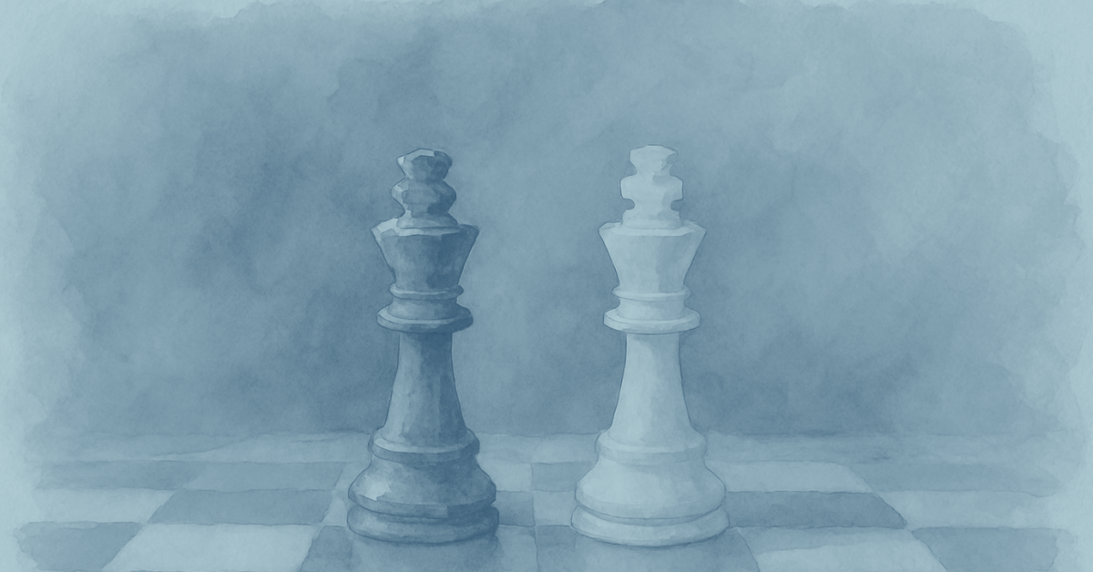 A soft, watercolor-style illustration of two chess kings—one dark and one light—standing side-by-side on a chessboard, representing the complexity and strategic nature of leadership during an acquisition.