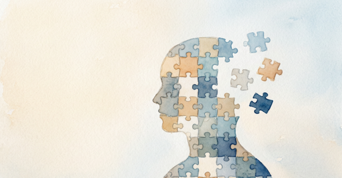 Watercolor profile of a human head made of interlocking puzzle pieces, some drifting away, illustrating a person as one whole system.